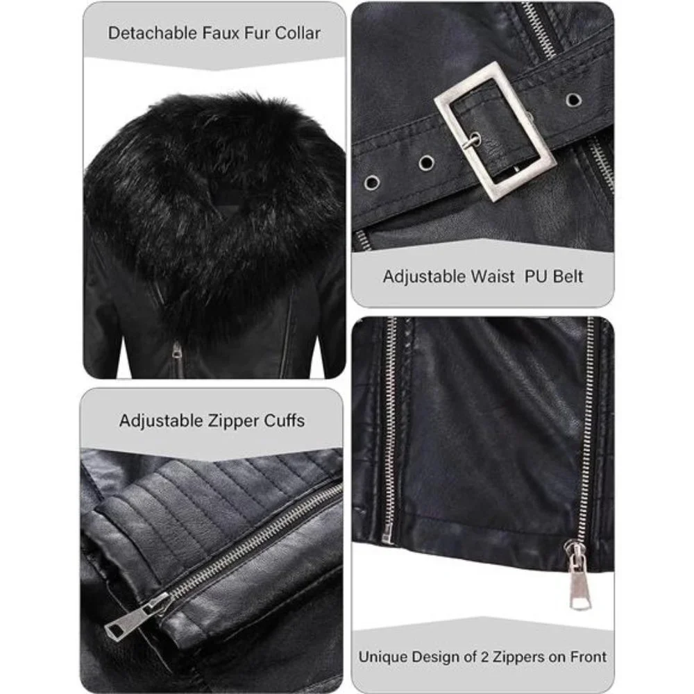 Black Faux Fur Leather Belted Motorcycle Bomber Jacket Sherpa Winter Biker Coat - Picture 8 of 10